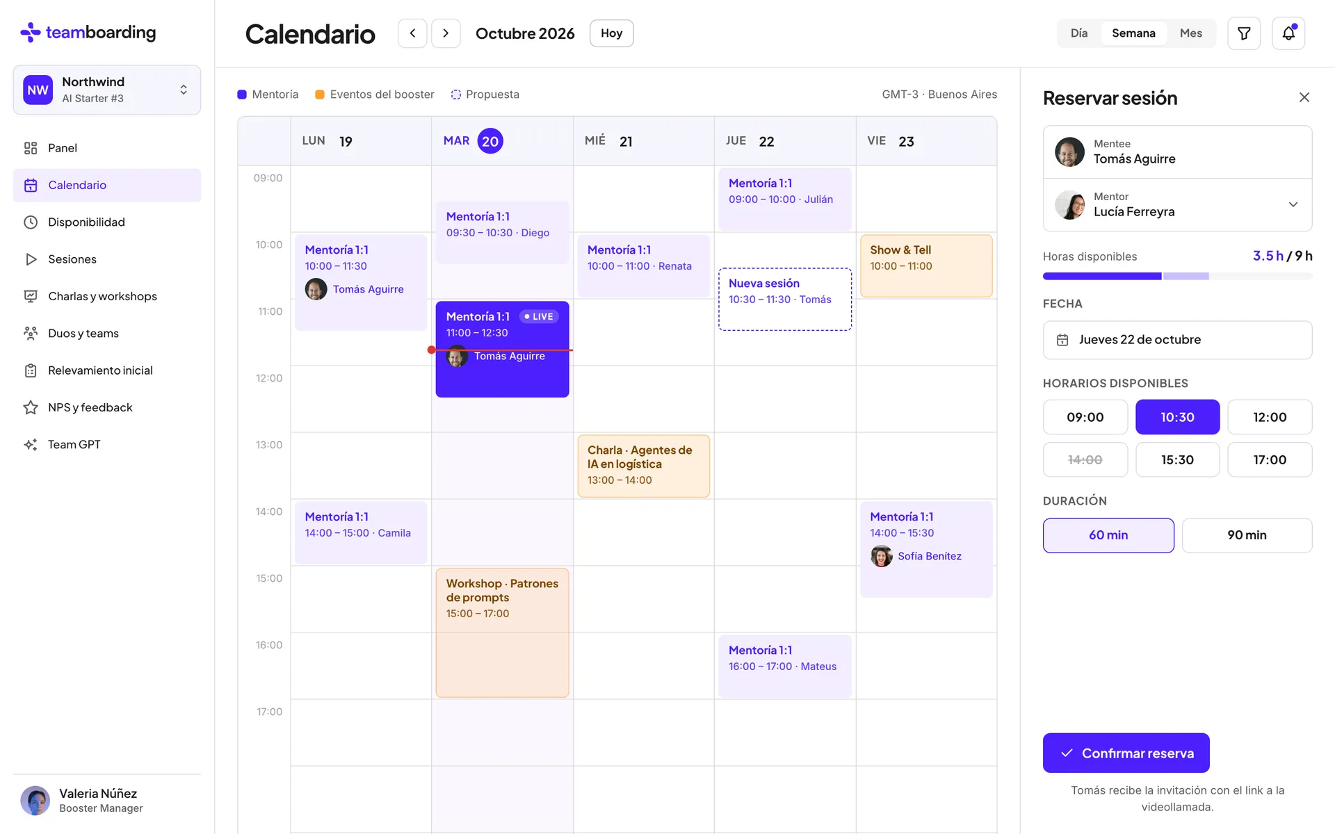 Calendario semanal de Teamboarding con mentorías, charlas y workshops, y el panel para reservar una sesión con las horas disponibles