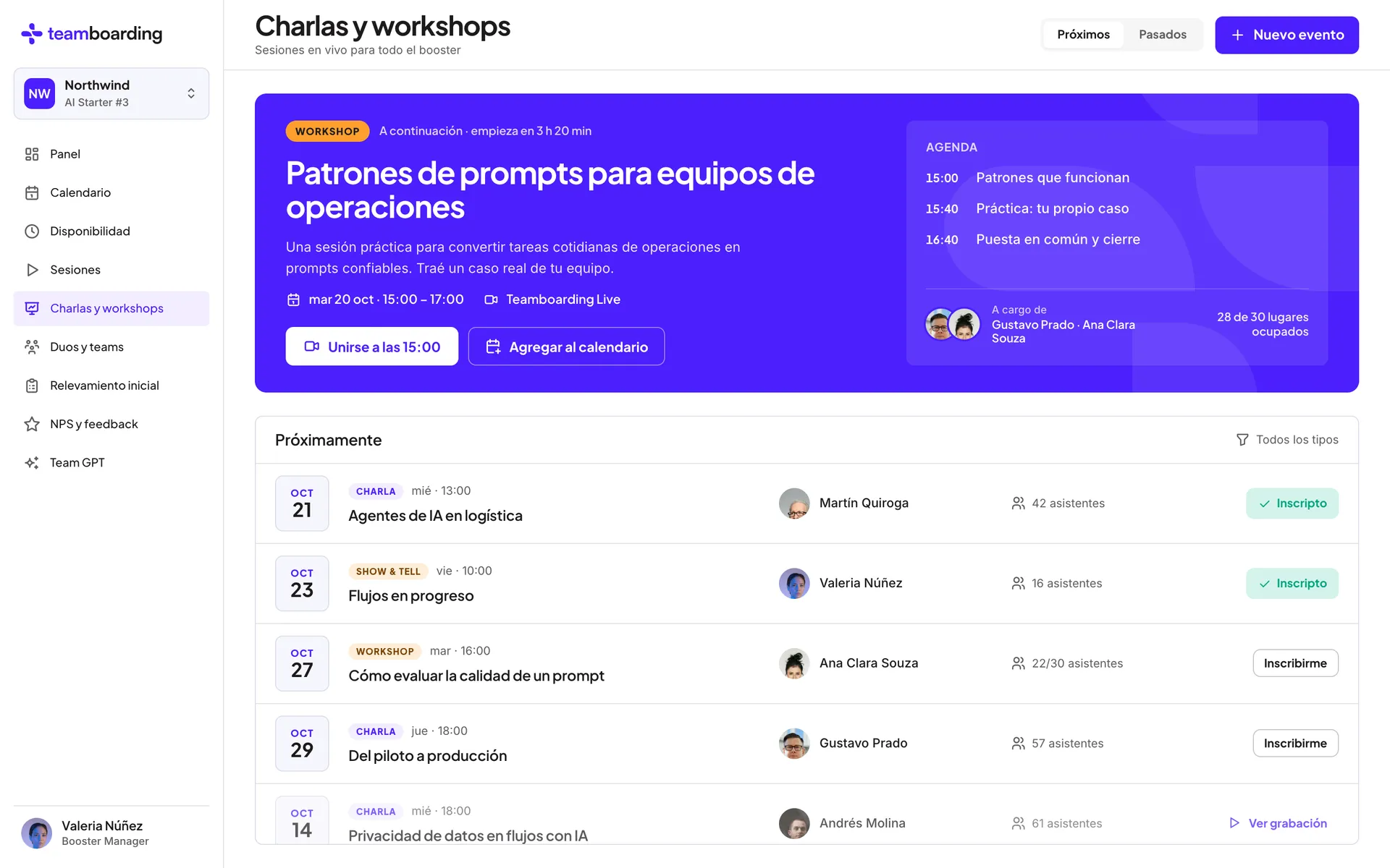 Próximas charlas y workshops del programa en Teamboarding, con su agenda, inscriptos y grabaciones