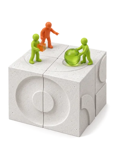 Colaboradores verdes y un mentor naranja moviendo una esfera lima sobre un bloque de concreto