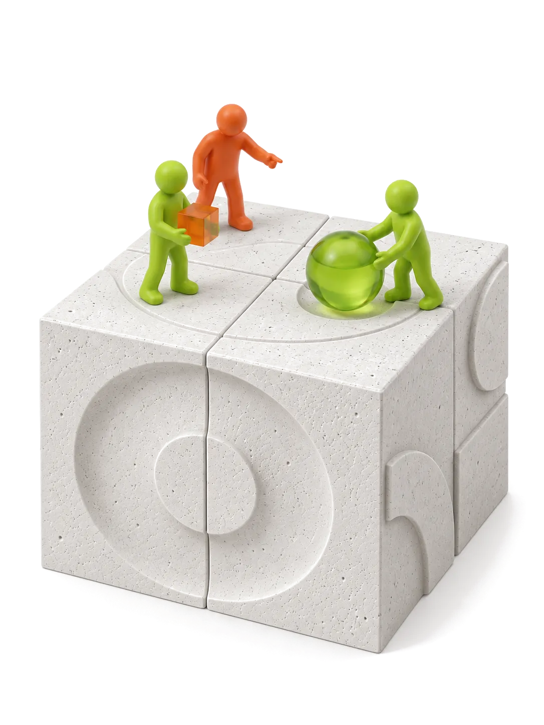 Colaboradores verdes y un mentor naranja moviendo una esfera lima sobre un bloque de concreto