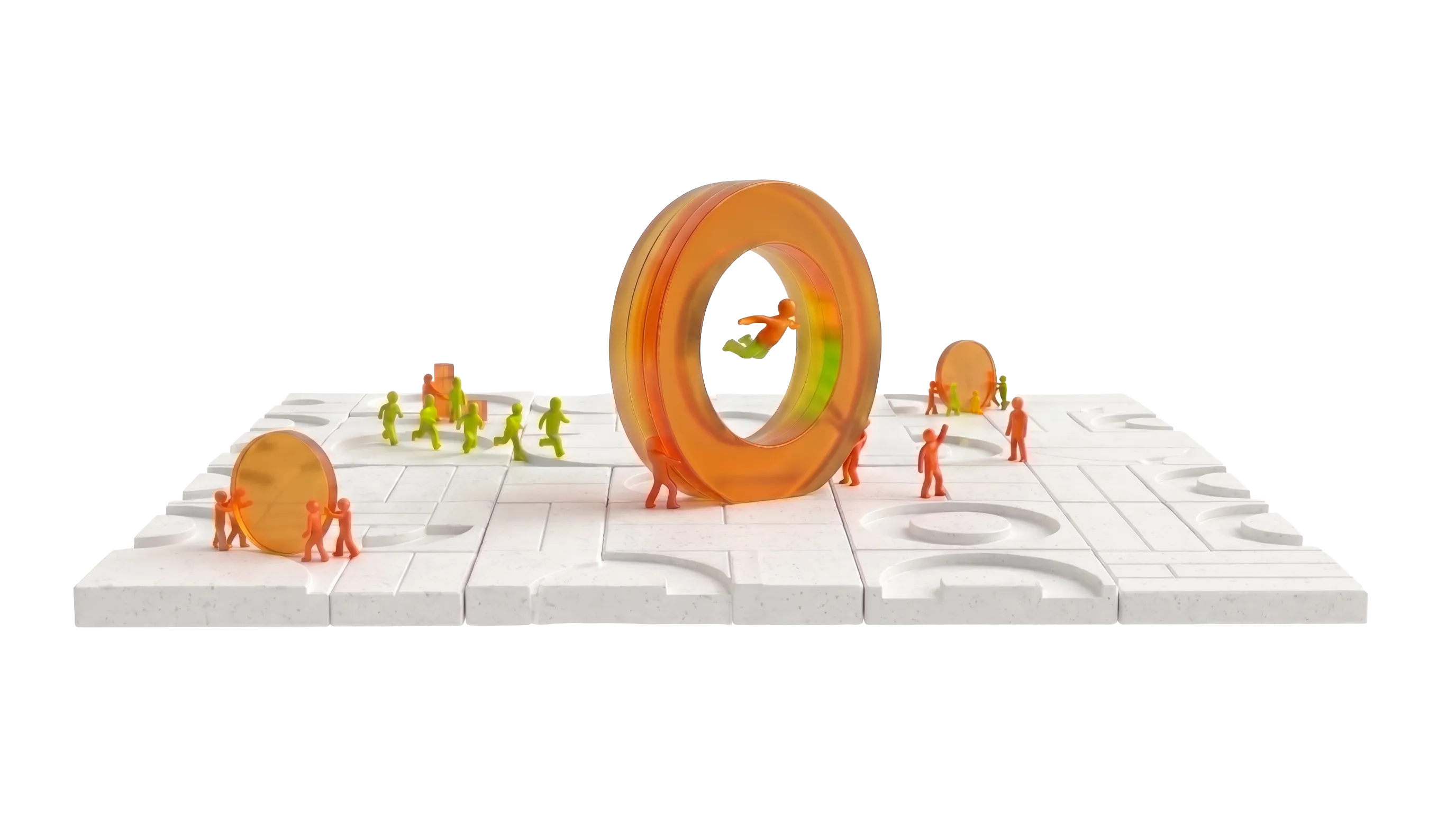 Figuras verdes y naranjas atravesando juntas un anillo ámbar