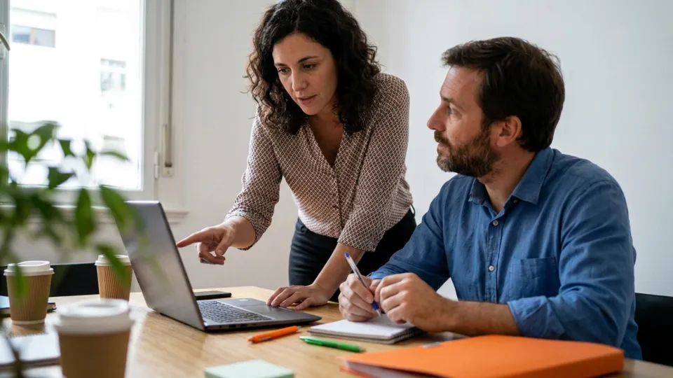 Mentora trabajando junto a un participante sobre su propia tarea