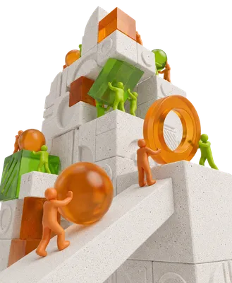 Figuras ascendiendo una montaña de concreto cargando piezas ámbar