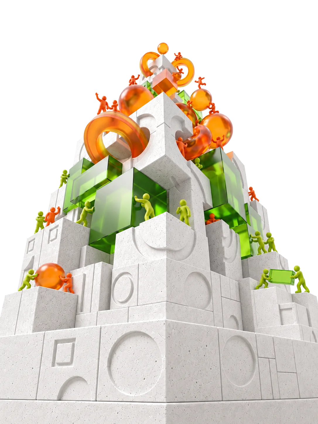 Torre densa de concreto en contrapicado que equipos verdes y naranjas escalan con piezas lima y ámbar
