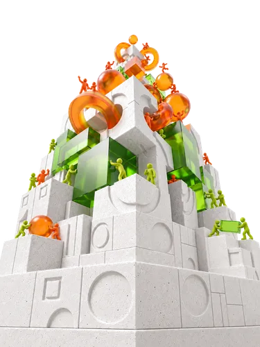 Torre densa de concreto en contrapicado que equipos verdes y naranjas escalan con piezas lima y ámbar
