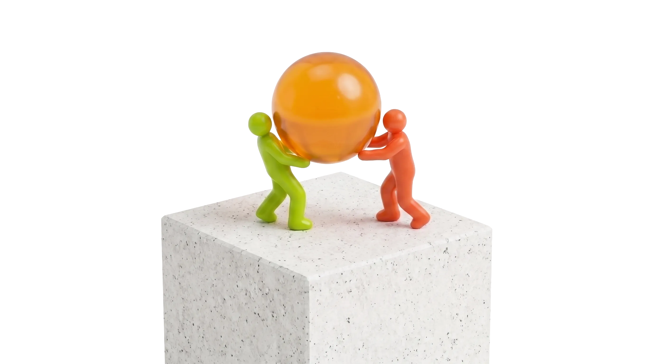 Un colaborador verde y un mentor naranja cargando juntos una esfera de concreto