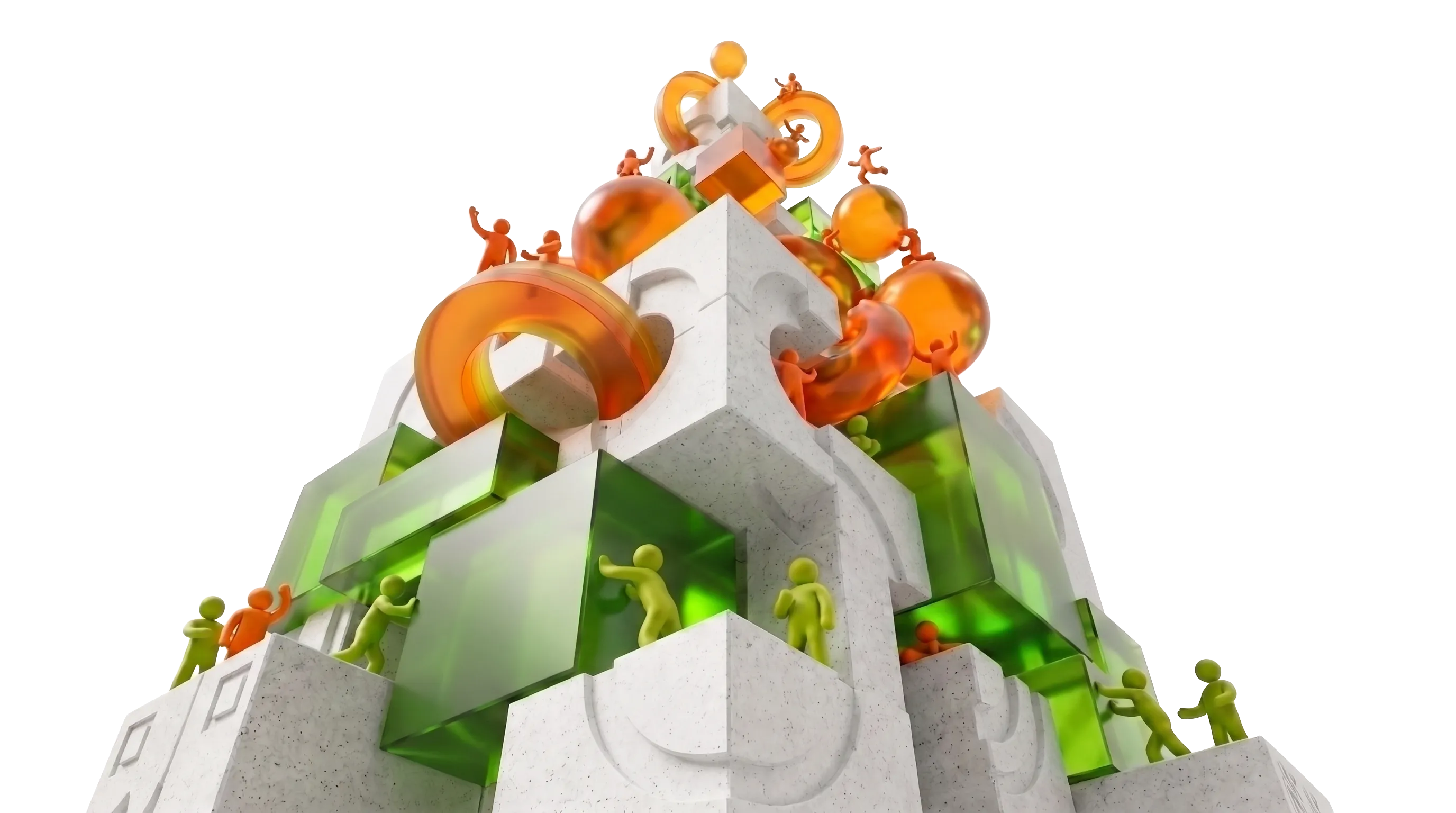 Torre de concreto blanco en contrapicado que equipos verdes y naranjas escalan con piezas ámbar y lima